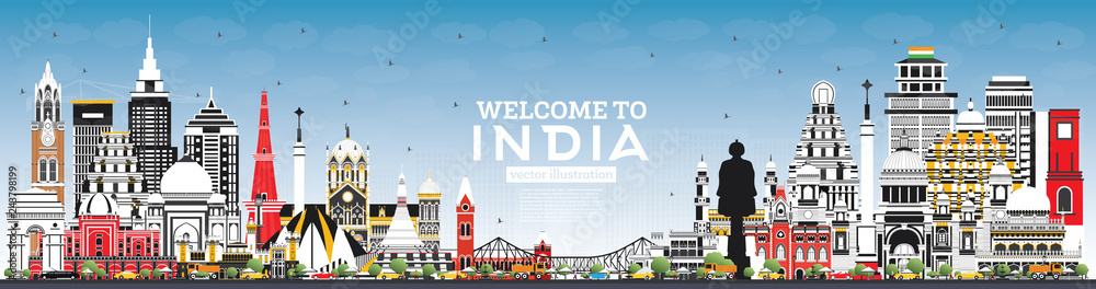 Welcome to India City Skyline with Color Buildings and Blue Sky.