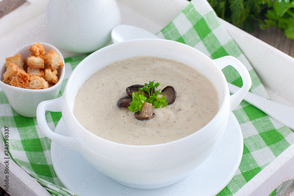 Mushroom soup puree in a white plate, horizontal Mushroom soup puree in a white plate, horizontal
