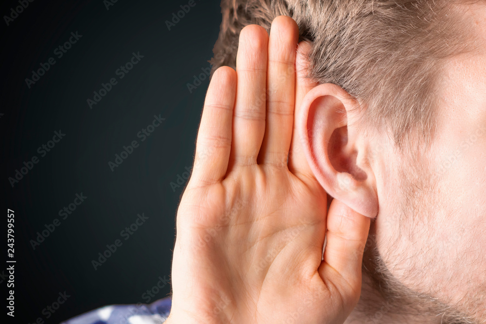 close up photo of person have ear hearing problems isolated  b