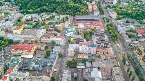 Aerial top view of Kyiv cityscape, Podol historical district skyline from above, city of Kiev, Ukraine 