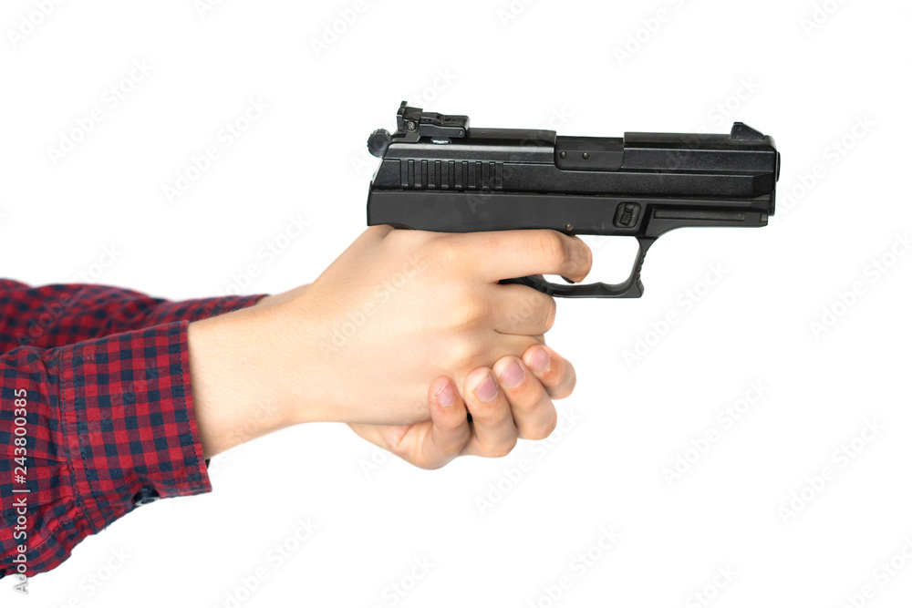black pistol handgun in man hand isolated b