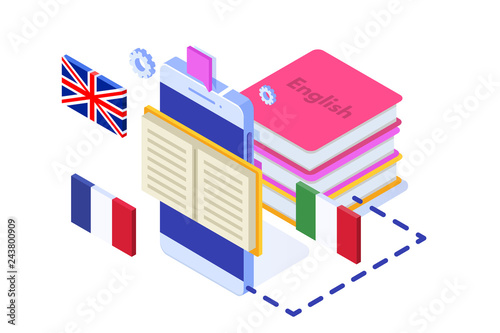 Language school, online learning. translator isometric vector illustration. Use for web pages, hero images, infographics.