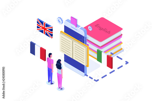 Language school, online learning. translator isometric vector illustration. Use for web pages, hero images, infographics.
