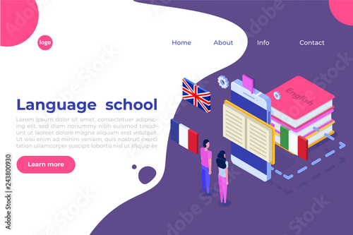 Language school, online learning. translator isometric vector illustration. Use for web pages, hero images, infographics.