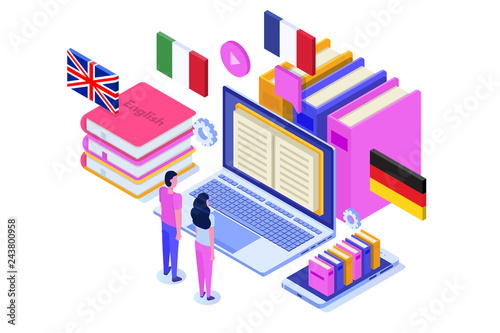 Language school, online learning. translator isometric vector illustration. Use for web pages, hero images, infographics.