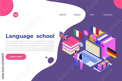 Language school, online learning. translator isometric vector illustration. Use for web pages, hero images, infographics.