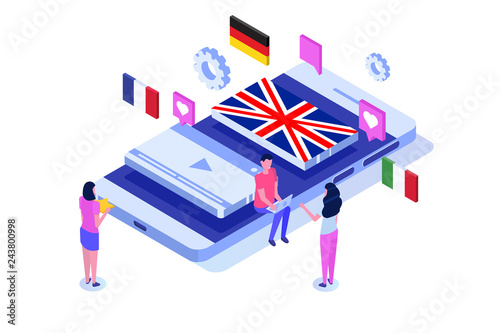 Language school, online learning. translator isometric vector illustration. Use for web pages, hero images, infographics.