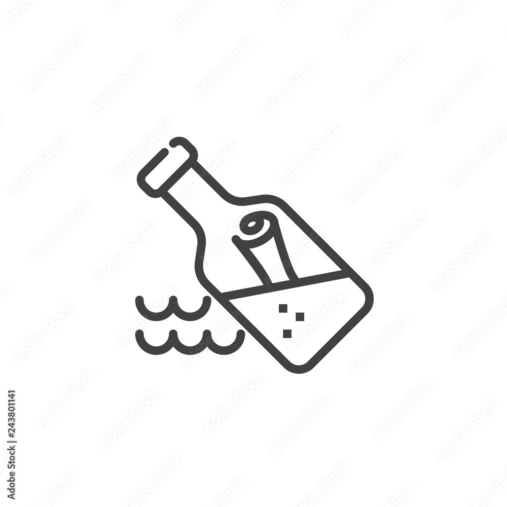 Message in the bottle line icon. linear style sign for mobile concept and web design. Bottle with message in water waves outline vector icon. Symbol, logo illustration. Pixel perfect vector graphics Message in the bottle line icon. linear style sign for mobile concept and web design. Bottle with message in water waves outline vector icon. Symbol, logo illustration. Pixel perfect vector graphics