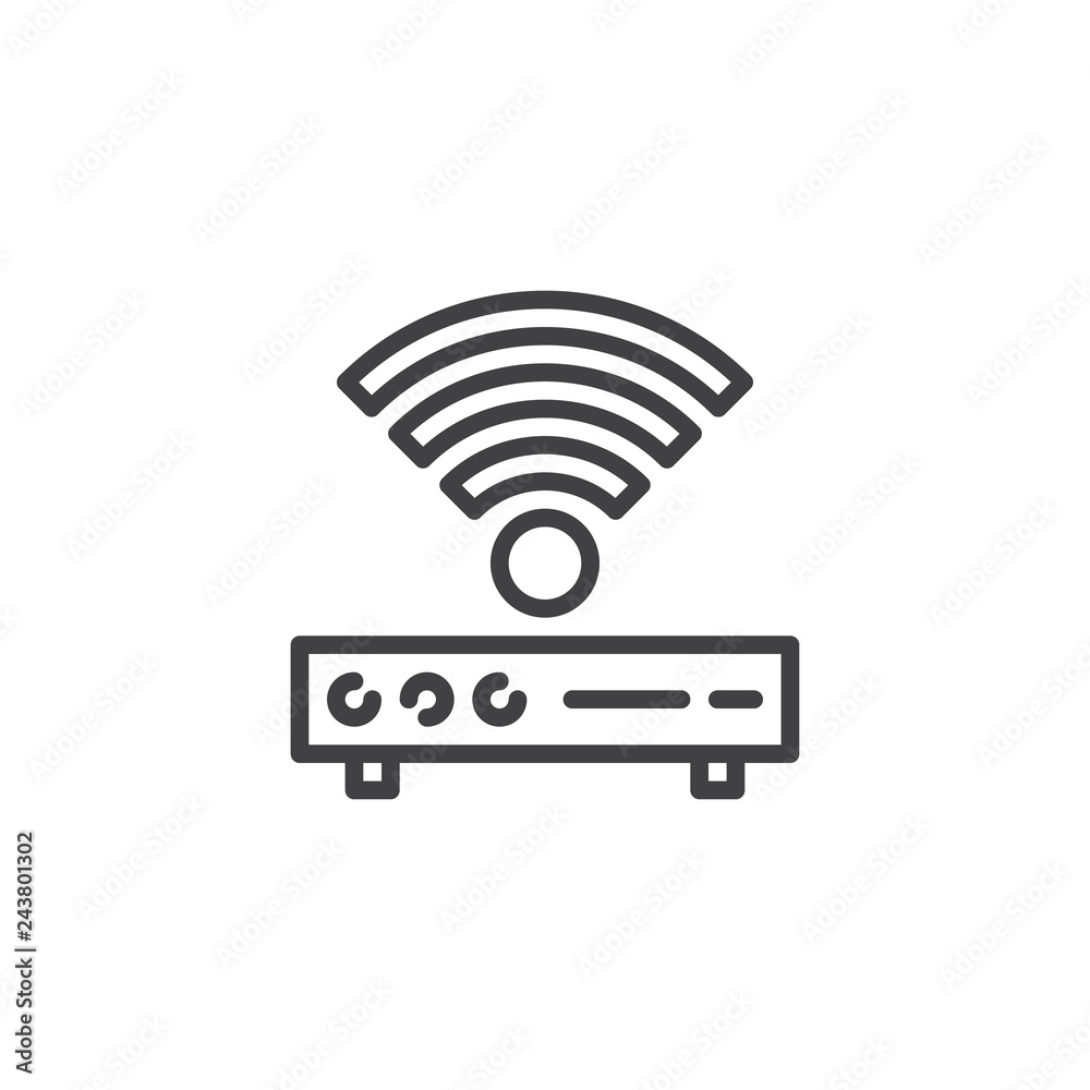 Wifi router line icon. linear style sign for mobile concept and web design. Router Antenna signal outline vector icon. Communication symbol, logo illustration. Pixel perfect vector graphics Wifi router line icon. linear style sign for mobile concept and web design. Router Antenna signal outline vector icon. Communication symbol, logo illustration. Pixel perfect vector graphics