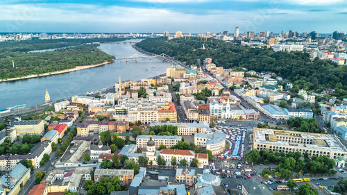 Aerial top view of Kyiv cityscape, Dnieper river and Podol historical district skyline from above, city of Kiev, Ukraine   © Iuliia Sokolovska