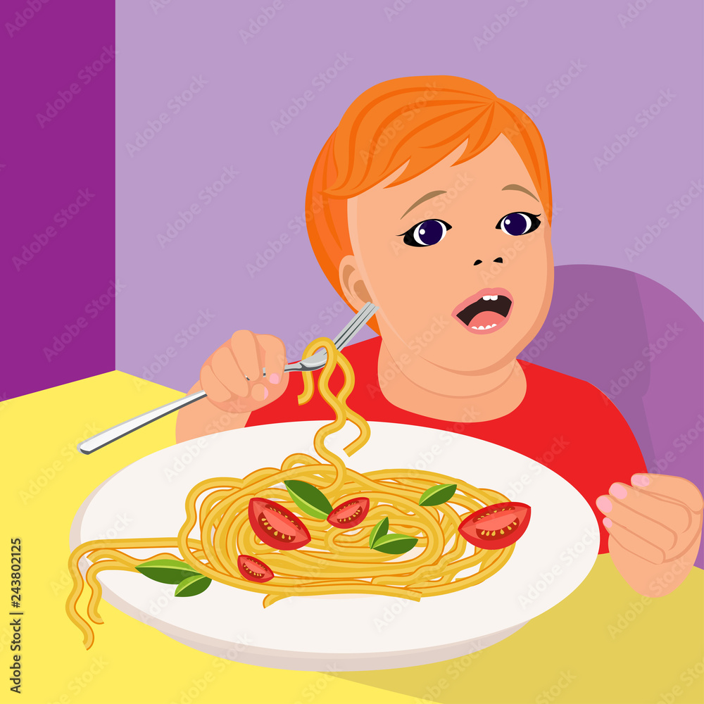 portrait of a small child who eats pasta, in a flat style portrait of a small child who eats pasta, in a flat style