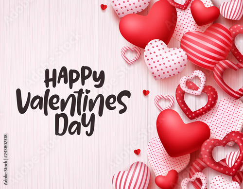 Valentines day hearts vector background. Happy valentines day greeting text in white space background with red love hearts elements. Vector illustration.