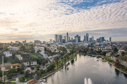 Panoramic view of Silver Lake and Downtown Los Angeles on a beautiful morning
