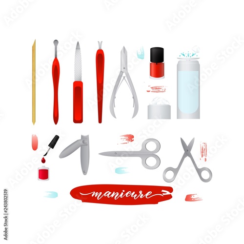 Set collection of manicure accessories. Nail files, manicure tools, nail scissors, tweezers, nail polish, nail polish remover, cotton wool. Vector illustration