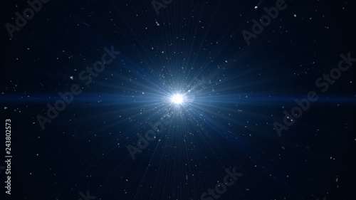 Blue background, digital signature with wave particles, sparkle, veil and space with depth of field. The particles are white light lines.