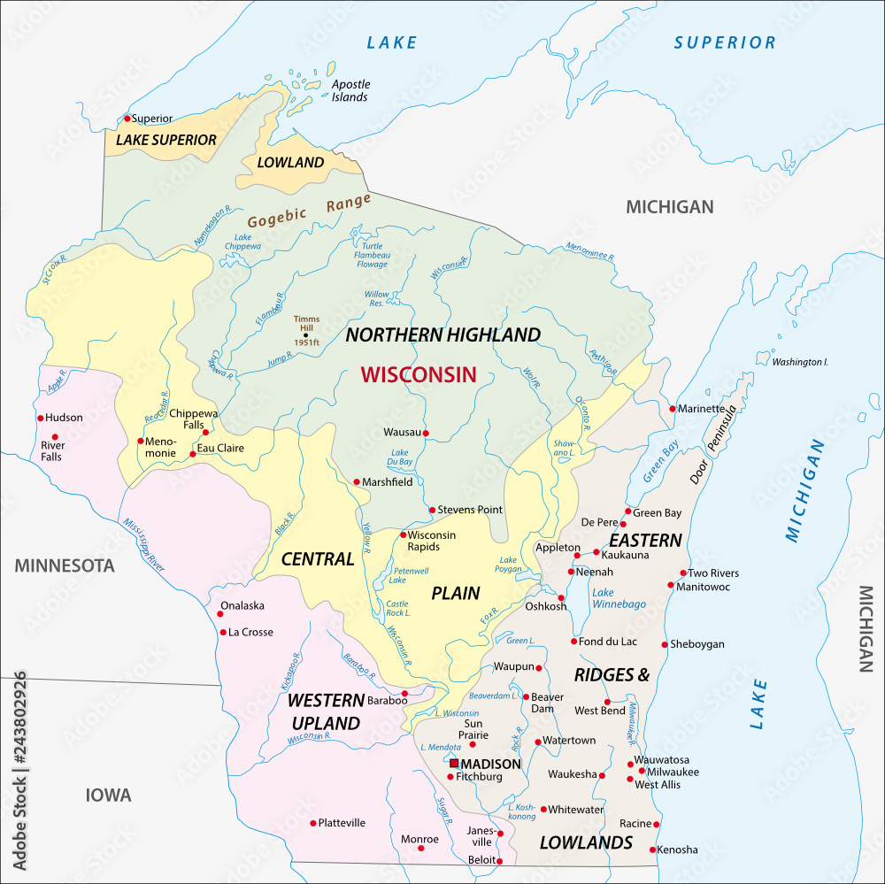 geographic vector Map of the U.S. state of Wisconsin