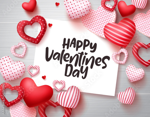 Valentines day vector greeting template. Happy valentines day text in white paper with red hearts in wood texture background. Vector illustration.