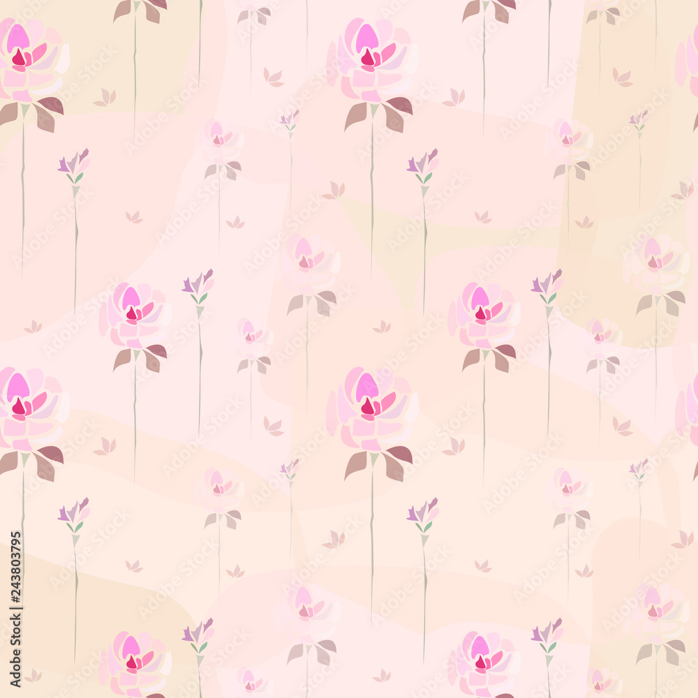 Vector seamless pattern. Hand drawn pink roses flowers on peachy background like watercolor painting. Template for textile, wallpaper, wrapping, cover, web, card, carton, print, banner, ceramics.