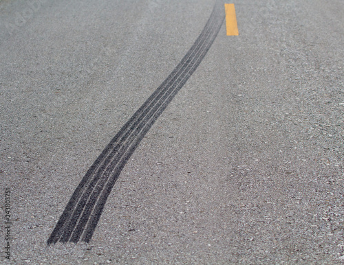 Tire marks on the road, sudden stops, road accidents, burn marks