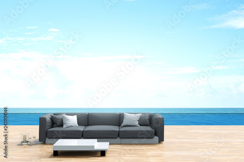 3D rendering : illustration of a soft sofa with sea view. peaceful living room loft modern style against swimming pool at luxury villa resort. travel in summer time concept. summer vacation travel. © ittoilmatar