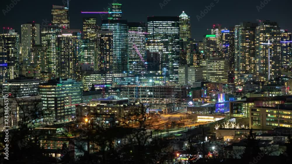 Illuminated Cityscape In Action from Seattle Viewpoint Lookout at Night