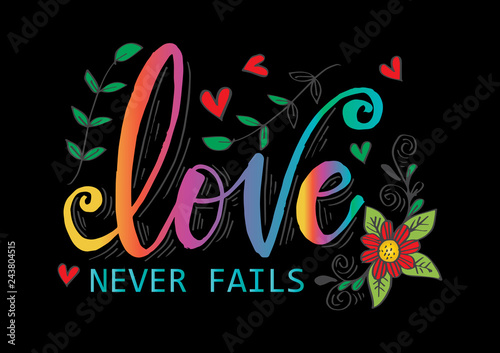 Love never fails hand lettering inscription. Motivational quote. photo