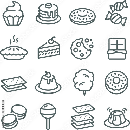 Dessert Vector Line Icon Set. Contains such Icons as Cupcake, Donut, Macaron, Pudding and more. Expanded Stroke
