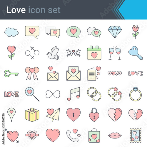 Stroke love icons isolated on white background filling with pastel color. Love is in the air - colorful outline icons collection. Valentines day, Mothers day, wedding, love and romantic events. Vector