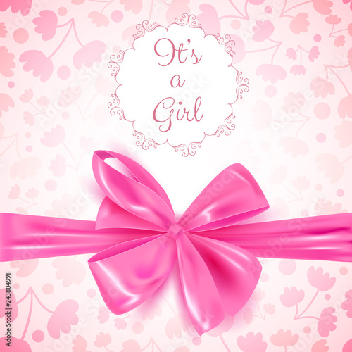 It's a girl baby shower cute card invitation with pink bow, vector illustration © paw