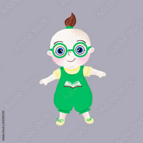 Cute doll with big eyes with glasses  in a green overalls. Book icon. Brunette. Blue eyes.