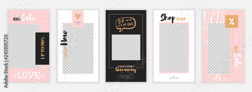 Modern flat Valentine's Day Instagram stories template in pink and gold colors, for blog and sales, web online shopping banner concept.Minimalistic geometric trendy sale app screens