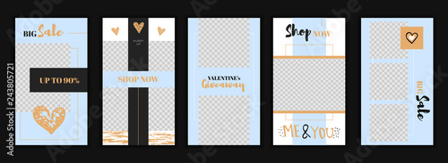 Modern flat Valentine's Day Instagram stories template in blue and gold colors, for blog and sales, web online shopping banner concept.Minimalistic geometric trendy sale app screens
