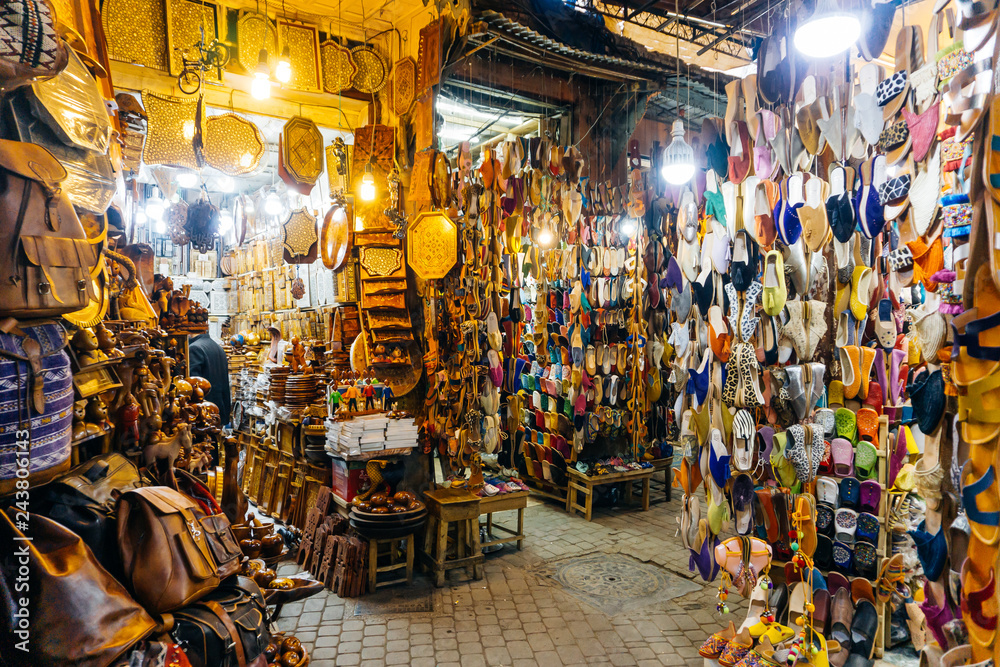 Moroccan oriental souvenirs and products on the market in the Medina of Marrakesh, Morocco