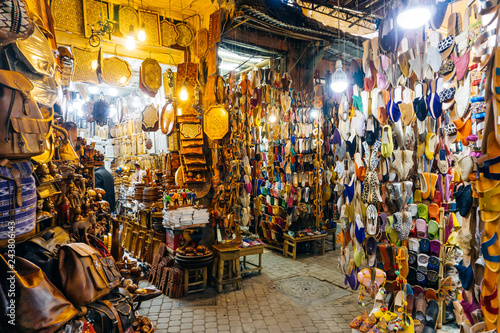Moroccan oriental souvenirs and products on the market in the Medina of Marrakesh, Morocco