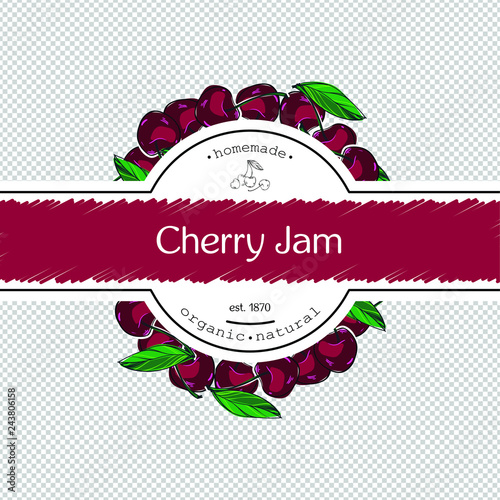 Hand-drawing cherry jam packing label design. Cherry logo design element. Isolated vector illustration