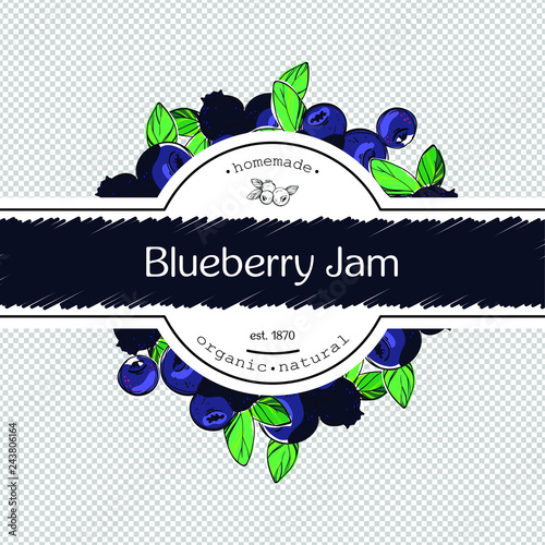 Hand-drawing blueberry jam packing label design. Blueberry logo design element. Isolated vector illustration