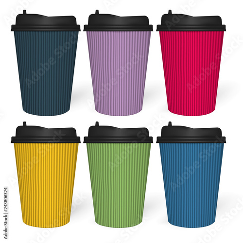 Takeaway colored corrugated paper cups isolated on white, mockup