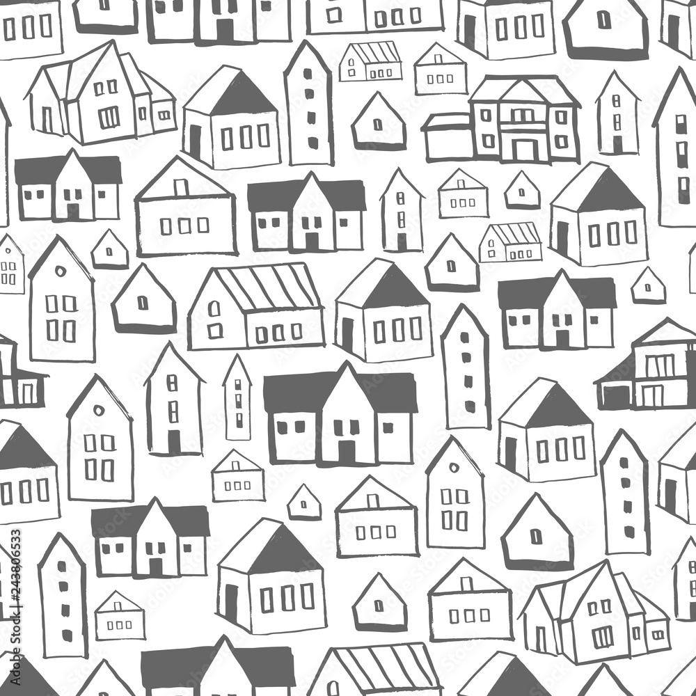 Hand drawn houses.  Vector  seamless pattern