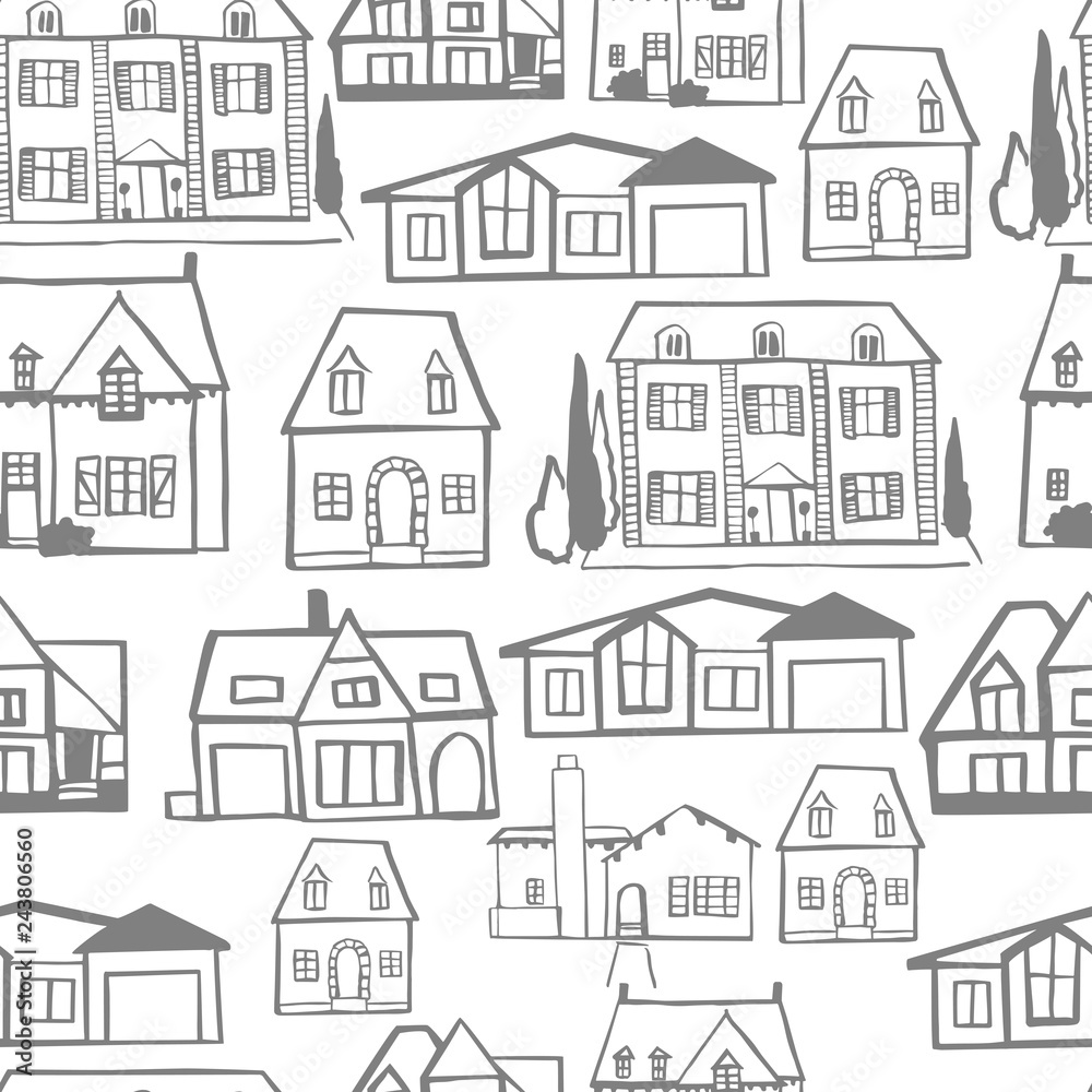Hand drawn houses.  Vector  seamless pattern