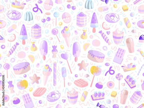 Cute seamless pattern with colorful sweets, cakes, lollipops. Cartoon seamless pattern with candy and sweet dessert. Fun colorful sweet pattern with candy, ice cream, round lollipops. Candy pattern