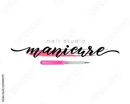 Hand lettering Manicure. Nail studio. Spot of nail polish. Vector