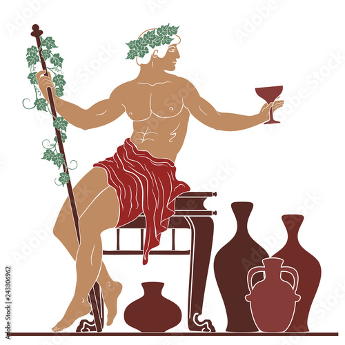 The ancient Greek god Dionysus with a glass and a rod sits near the jugs of wine.