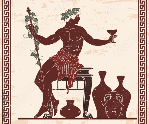 The ancient Greek god Dionysus with a glass and a rod sits near the jugs of wine. photo