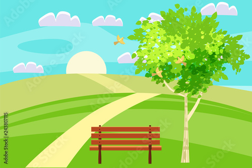 Spring landscape hills dear leading into the distance beyond the horizon. Bench in outdoor. Birds singing. Blue sky. Bright juicy colors. Vector, illustration, isolated. Cartoon style