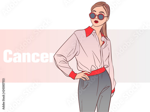 Zodiac sign Cancer. Beautiful girl with with long hair. Zodiac constellation. Template for banner website.