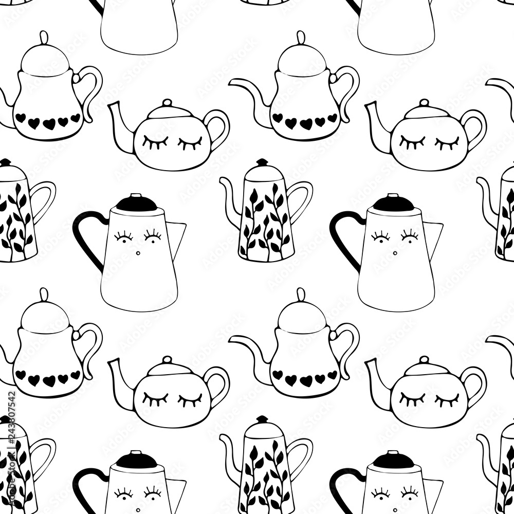 Seamless pattern with tea and coffee pots. Winter drinks. Art can be used for a restaurant menu, coffee shop and cafe. Black linear illustration of silhouette. Seamless pattern with tea and coffee pots. Winter drinks. Art can be used for a restaurant menu, coffee shop and cafe. Black linear illustration of silhouette.