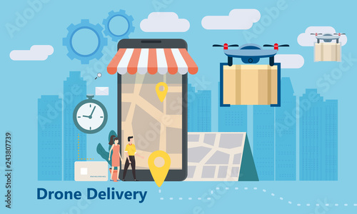 Concept of delivery of the drone flies with the mail, the delivery of parcels. Tiny people stand near a huge smartphone, order a product, a stopwatch. Landing, online delivery service, tracking online