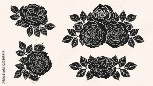 Rose silhouette ornament vector by hand drawing.Beautiful flower on brown background.Blaze rose vector art highly detailed in line art style.Flower tattoo for paint or pattern. photo