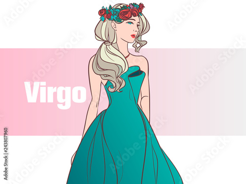 Zodiac sign Virgo. Beautiful girl with with curls. Zodiac constellation. Template for banner website.