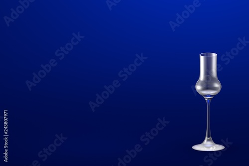 3D illustration of grappa glass on blue - mockup with place for your text - drinking glass render